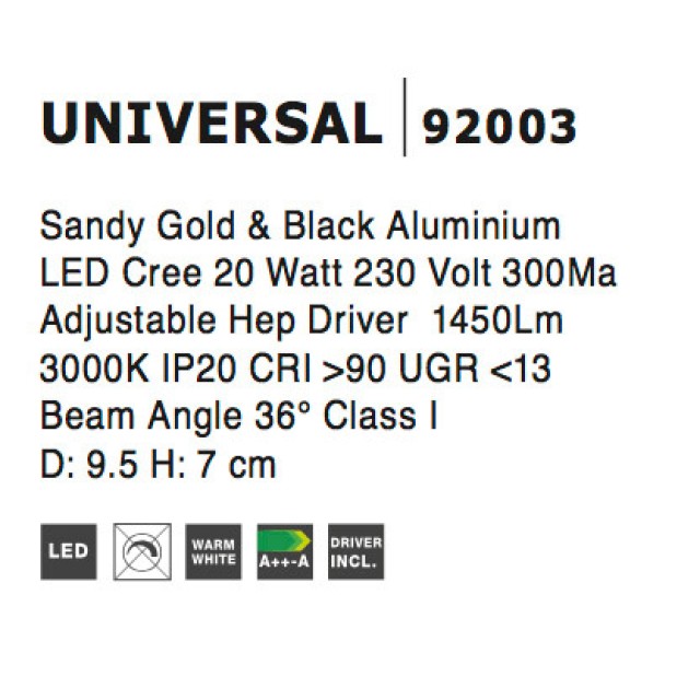 Sandy Gold & Black Aluminium 20W 230V Cree D:9.5 H:7 1450Lm  3000K IP20