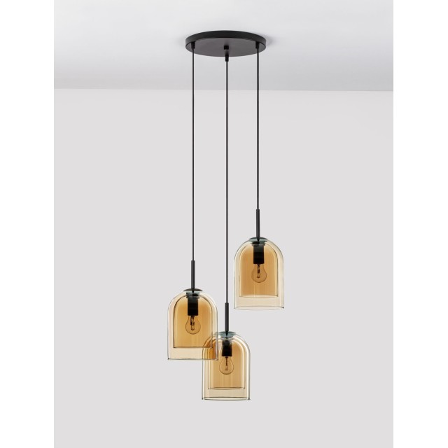 Double Layered Dark Champagne Glass Black Cord Black Metal Base LED E27 3x12 Watt 230 Volt IP20 Bulb Excluded D: 30 H: 185 cm 9236735