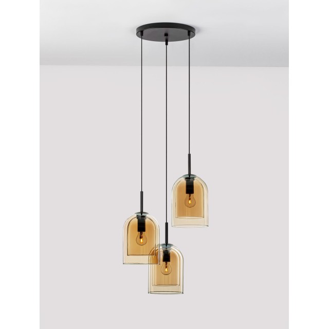 Double Layered Dark Champagne Glass Black Cord Black Metal Base LED E27 3x12 Watt 230 Volt IP20 Bulb Excluded D: 30 H: 185 cm 9236735
