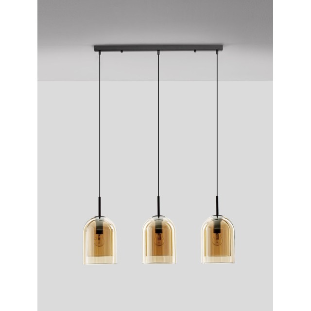 Double Layered Dark Champagne Glass Black Cord Black Metal Base LED E27 3x12 Watt 230 Volt IP20 Bulb Excluded L: 70 H: 158 cm 9236740