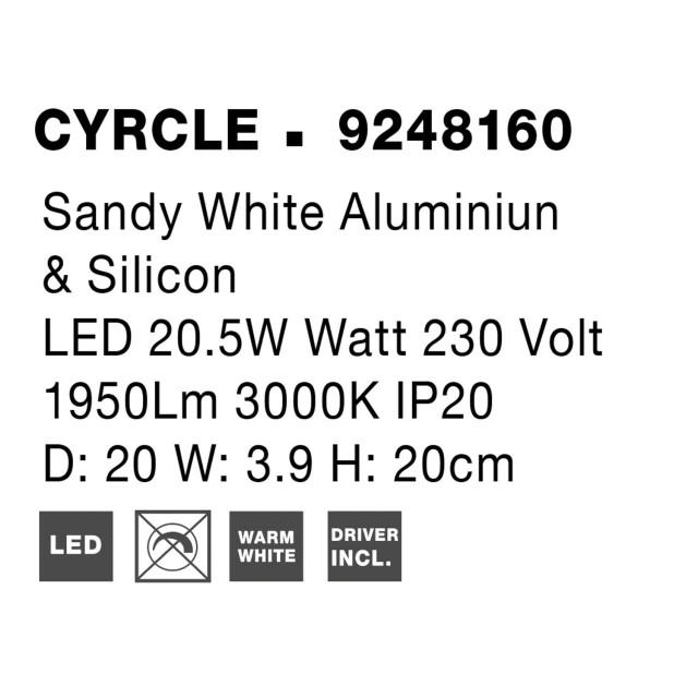 Sandy White Aluminiun & Acrylic LED 12W Watt 230 Volt 850Lm 3000K IP20 D: 20 W: 3.9 H: 20cm 9248160