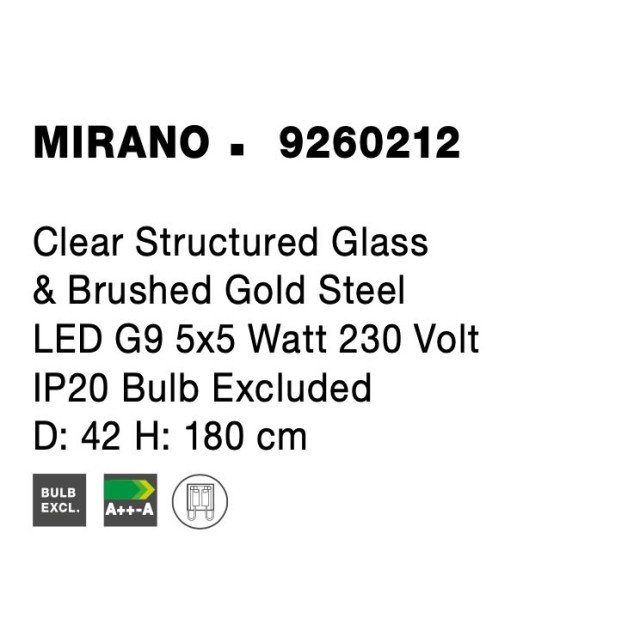 Clear Structured Glass & Brushed Gold Steel LED G9 5x5 Watt 230 VoltIP20 Bulb Excluded D: 42 H: 180 cm 9260212