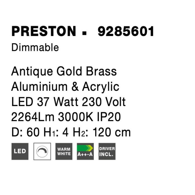 Antique Gold Brass Aluminium & Acrylic LED 37 Watt 230 Volt 2264Lm 3000 IP20 D: 60 H1: 4 H2: 120 cm 9285601