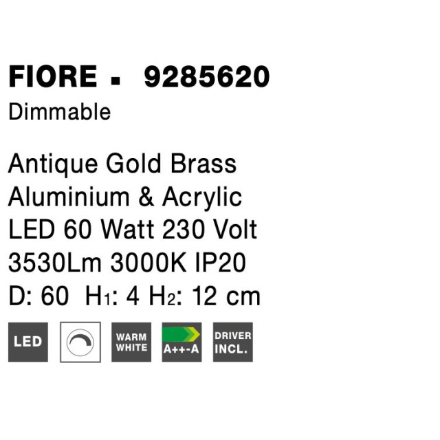Antique Gold Brass Aluminium & Acrylic LED 60 Watt 230 Volt 3530Lm 3000 IP20 D: 60 H1: 4 H2: 12 cm 9285620