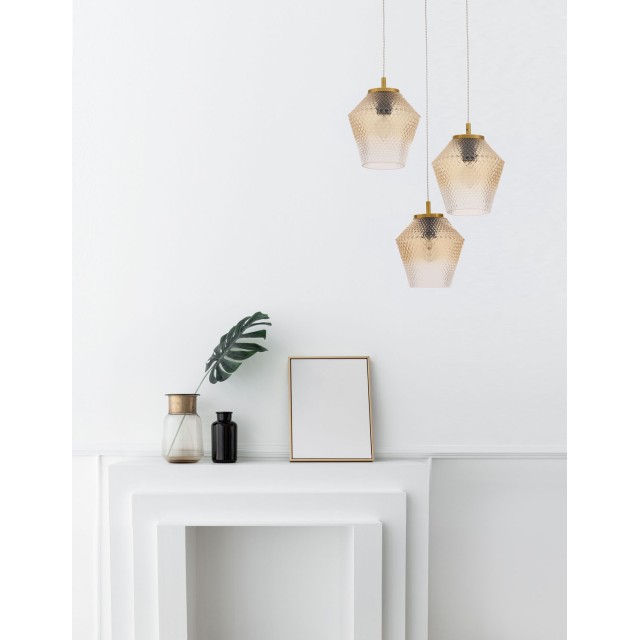 Cognac Shadow Glass Brass Gold Metal LED LED E27 3x12 Watt 230 Volt IP20 Bulb Excluded D: 47 H1: 25.6 H2: 120 cm 9291253