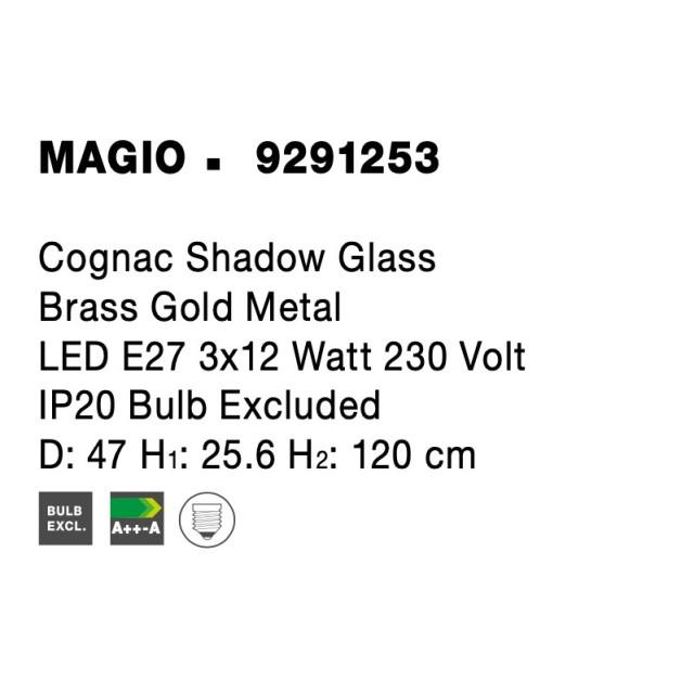 Cognac Shadow Glass Brass Gold Metal LED LED E27 3x12 Watt 230 Volt IP20 Bulb Excluded D: 47 H1: 25.6 H2: 120 cm 9291253