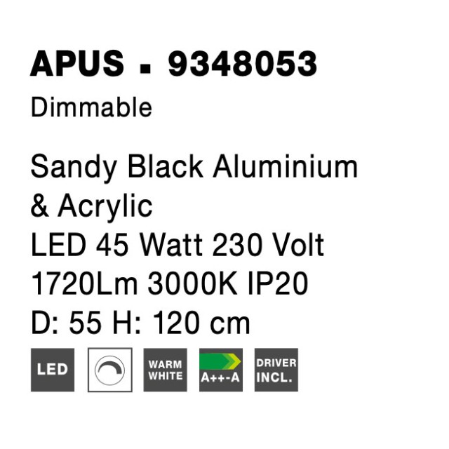 Sandy Black Aluminium & Acrylic LED 45 Watt 230 Volt 1720Lm 3000 IP20 D: 55 H: 120 cm 9348053