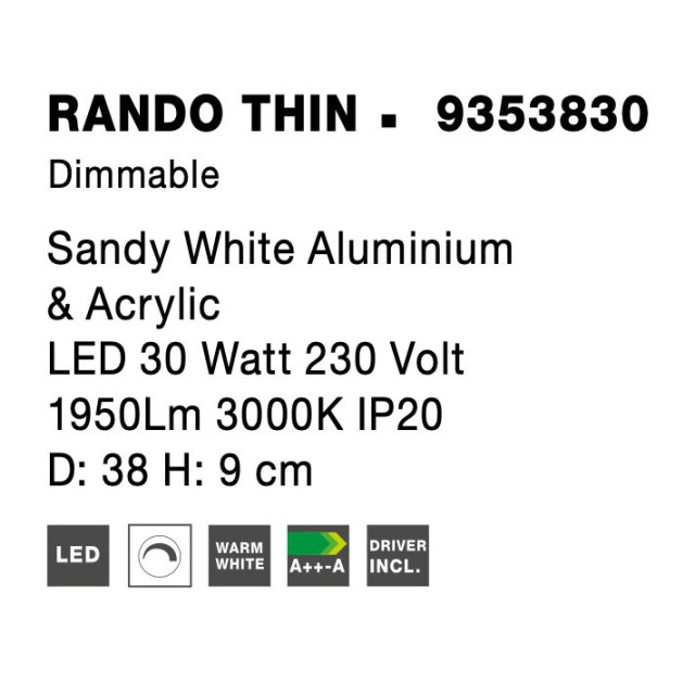 Sandy White Aluminium & Acrylic LED 30 Watt 230 Volt 1950Lm 3000 IP20 D: 38 H: 9 cm 9353830