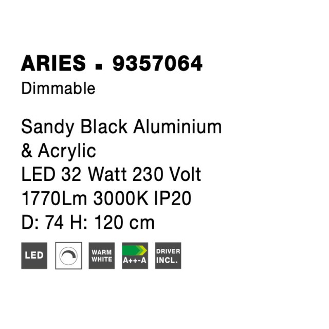 Sandy Black Aluminium & Acrylic LED 32 Watt 230 Volt 1770Lm 3000 IP20 D: 74 H: 120 cm Dimmable 9357064