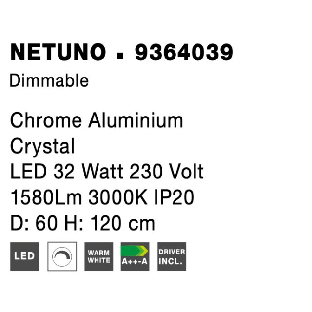 Chrome Aluminium Crystal LED 32 Watt 230 Volt 1580Lm 3000 IP20 D: 60 H: 120 cm 9364039