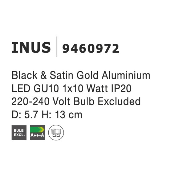 Σποτ Τοίχου Οροφής GU10 INUS μαύρο με χρυσό Nova Luce