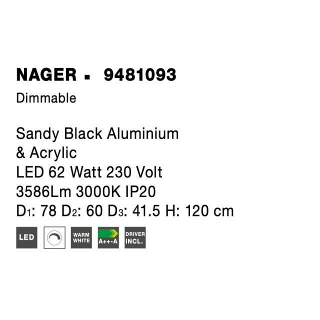 Dimmable Sandy Black Aluminium & Acrylic LED 62 Watt 230 Volt 3586Lm 3000 IP20 D1: 78 D2: 60 D3: 41.5 H: 120 cm 9481093