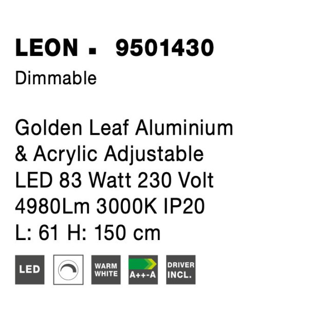 Golden Leaf Aluminium & Acrylic AdjusTable LED 83 Watt 230 Volt 4980Lm 3000 IP20 L: 61 H: 150 cm 9501430