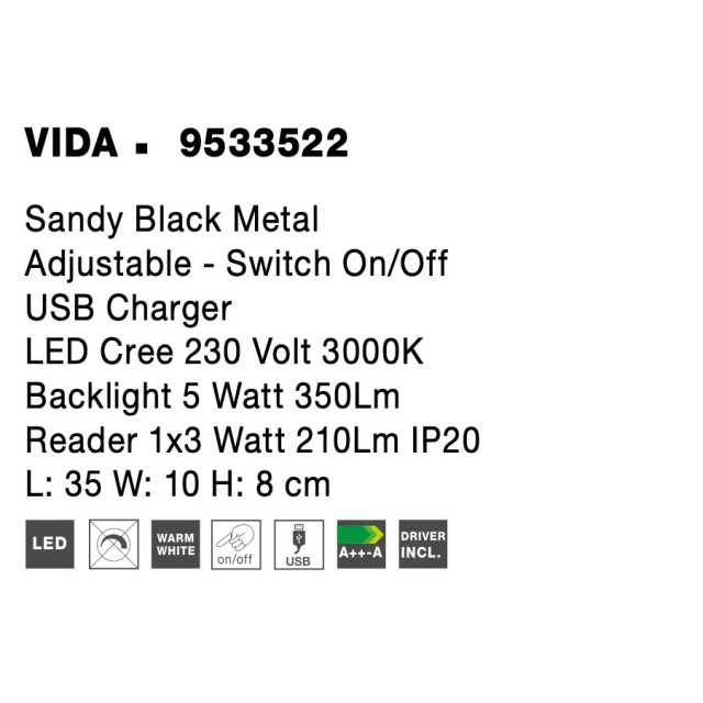 Sandy Black Metal AdjusTable - Switch On/Off USB Charger LED Cree 230 Volt 3000 Backlight 5 Watt 350Lm Reader 1x3 Watt 210Lm IP20 L: 35 W: 10 H: 8 cm 9533522