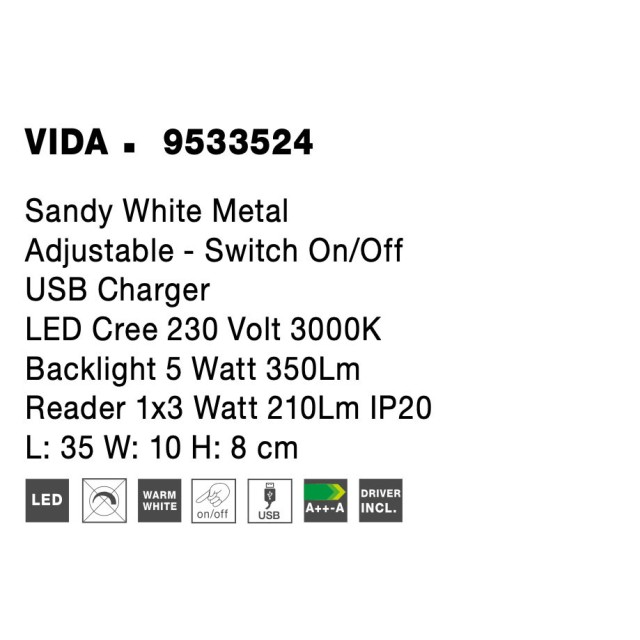 Sandy White Metal AdjusTable - Switch On/Off USB Charger LED Cree 230 Volt 3000 Backlight 5 Watt 350Lm Reader 1x3 Watt 210Lm IP20 L: 35 W: 10 H: 8 cm 9533524