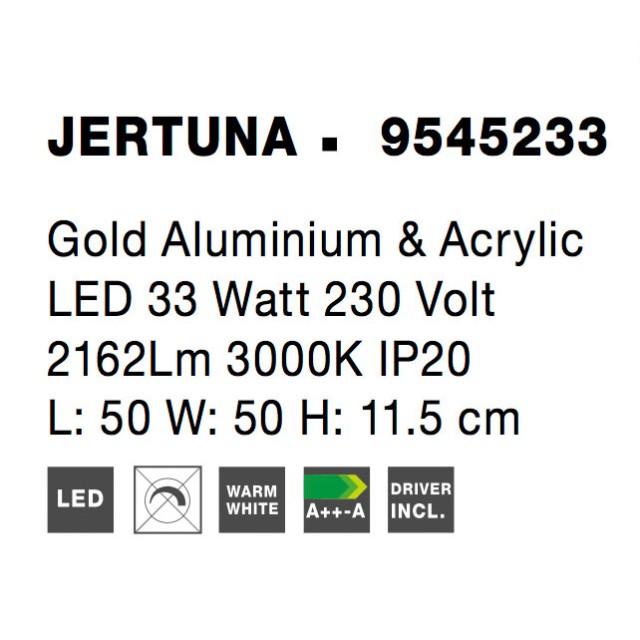 Gold Aluminium & Acrylic LED 33 Watt 230 Volt 2162Lm 3000 IP20 L: 50 W: 50 H: 11.5 cm 9545233