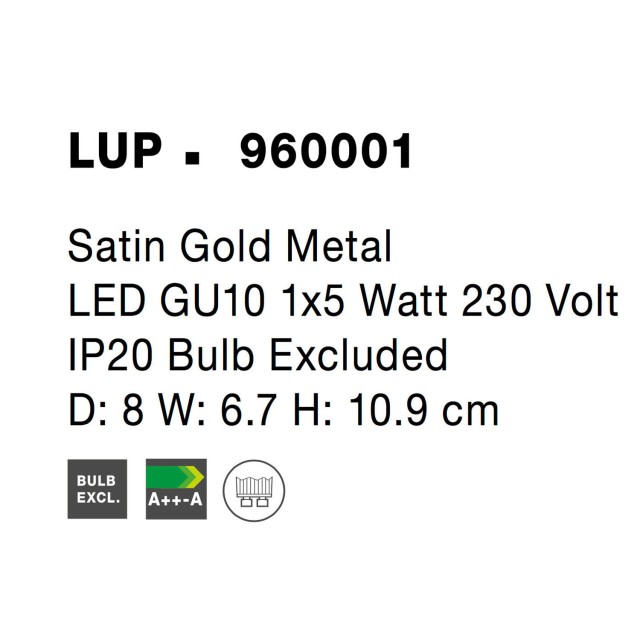 Satin Gold Metal LED GU10 1x5 Watt 230 Volt IP20 Bulb Excluded D: 8 W: 6.7 H: 10.9 cm 960001
