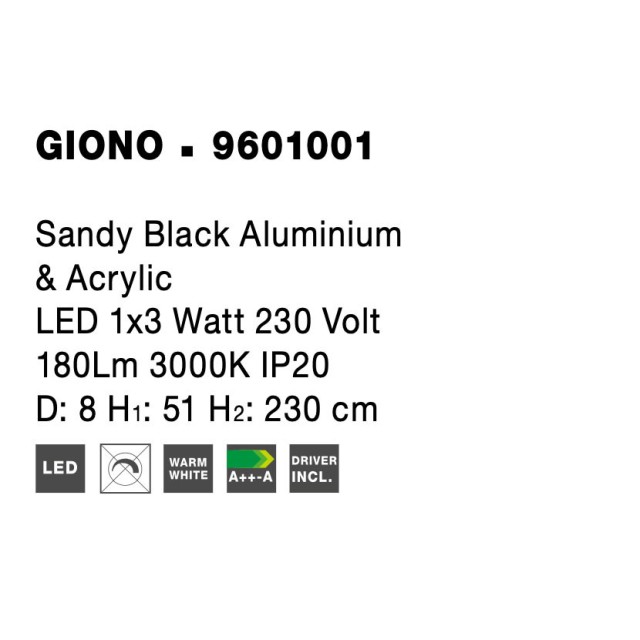 Sandy Black Aluminium & Acrylic LED 1x3 Watt 230 Volt 180Lm 3000 IP20 D: 8 H1: 51 H2: 230 cm 9601001