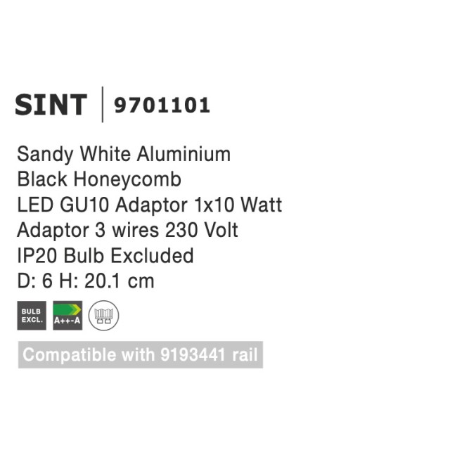 Sandy White AluminiumBlack HoneycombLED GU10 Adaptor 1x10 WattAdaptor 3 wires 230 VoltIP20 Bulb Excluded
