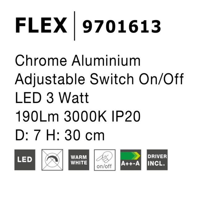 Chrome Aluminium AdjusTable Switch On/Off LED 3 Watt 190Lm 3000 IP20 D: 7 H: 30 cm 9701613