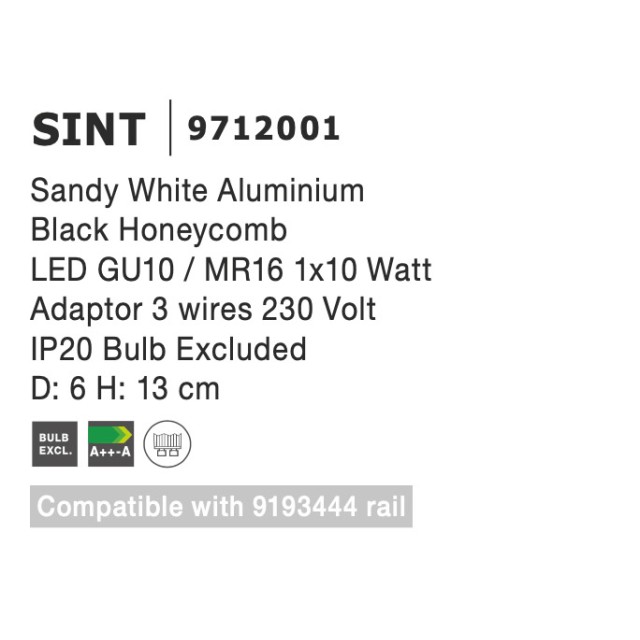 Sandy White AluminiumBlack HoneycombLED GU10 / MR16 1x10 WattAdaptor 2 wires 230 VoltIP20 Bulb Excluded