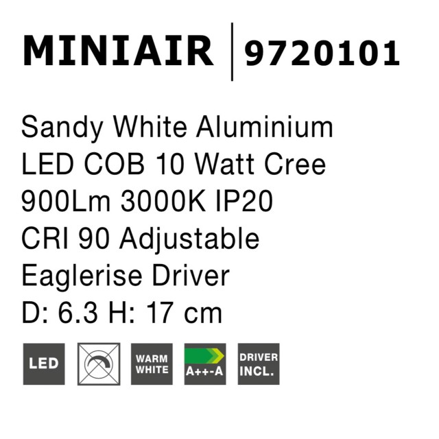 Sandy White Aluminium LED COB 10 Watt Cree 892Lm 3000K IP20 CRI 90 Adjustable Eaglerise Driver D: 6.3 H: 17 cm
