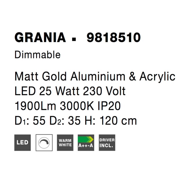 Dimmable Matt Gold Aluminium & Acrylic LED 25 Watt 230 Volt 1900Lm 3000 IP20 D1: 55 D2: 35 H: 120 cm 9818510