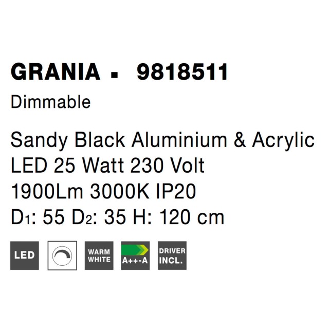 Dimmable Sandy Black Aluminium & Acrylic LED 25 Watt 230 Volt 1900Lm 3000 IP20 D1: 55 D2: 35 H: 120 cm 9818511