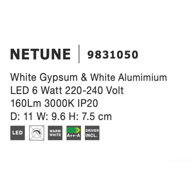 White Gypsum & White Alumimium LED 6 Watt 220-240 Volt 160Lm 3000 IP20 D: 11 W: 9.6 H: 7.5 cm 9831050
