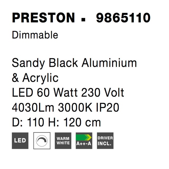 Dimmable Sandy Black Aluminium & Acrylic LED 60 Watt 230 Volt 4030Lm 3000 IP20 D: 110 H1: 4 H 2: 120 cm 9865110