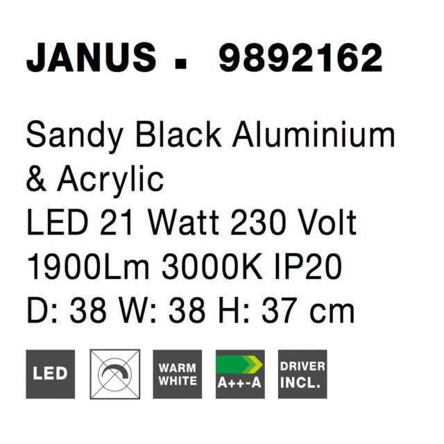 Sandy Black Aluminium & Acrylic LED 21 Watt 230 Volt 1900Lm 3000 IP20 D: 38 W: 38 H: 37 cm 9892162