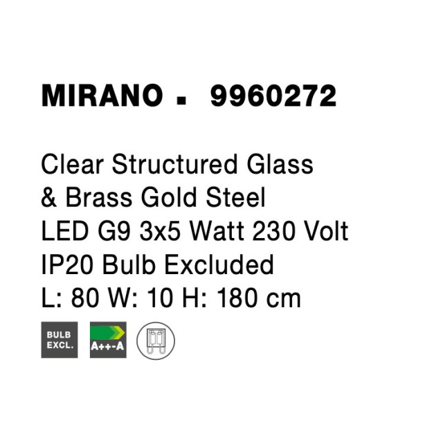 Clear Structured Glass & Brass Gold LED G9 3x5 Watt 230 Volt IP20 Bulb Excluded L: 80 W: 10 H: 180 cm 9960272