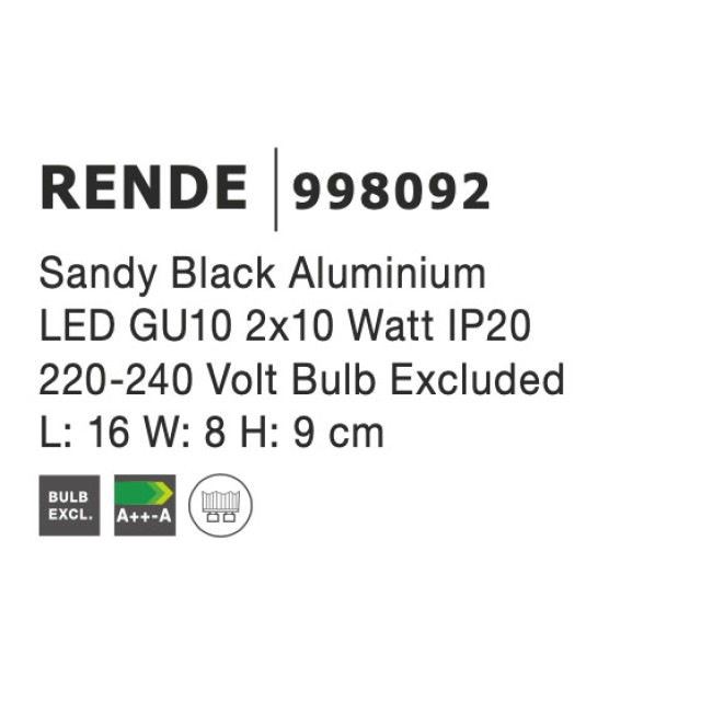 Sandy Black Aluminium LED GU10 2x10 Watt IP20 220-240 Volt Bulb Excluded L: 16 W: 8 H: 9 cm