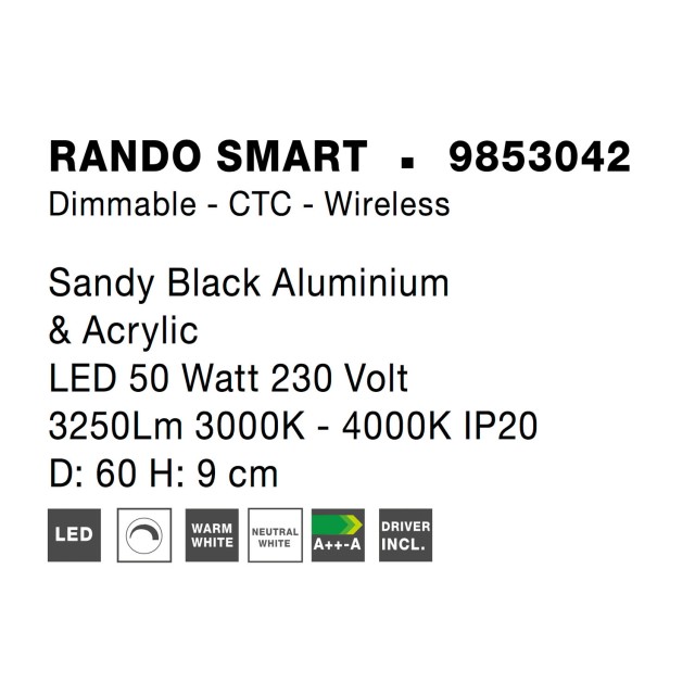 Sandy Black Aluminium & Acrylic LED 50 Watt 230 Volt 3250Lm 3000 - 4000K IP20 D: 60 H: 9 cm 9853042