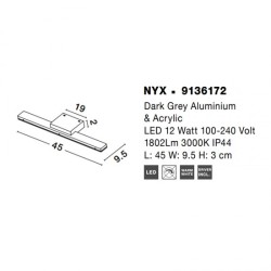 Dark Grey Aluminium & Acrylic LED 12 Watt 100-240 Volt 1802Lm 3000K IP44 L: 45 W: 9.5 H: 3 cm