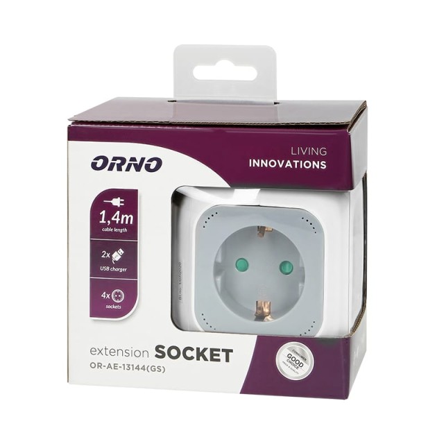 Πολύπριζο PowerCube Ασφαλείας 3 Θέσεων με 2 USB και Καλώδιο 1.4m Λευκό 27795 ORNO