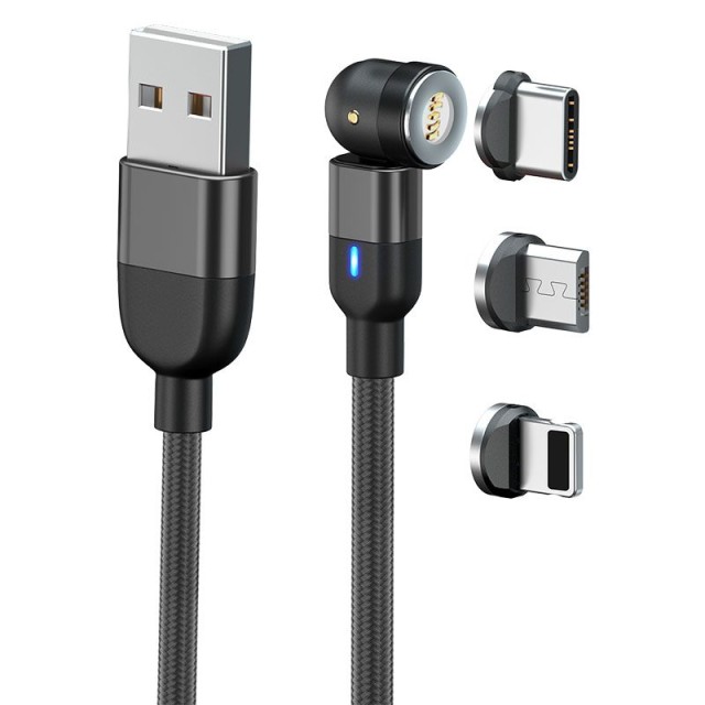 ΜΑΓΝΗΤΙΚΟ ΚΑΛΩΔΙΟ USB 3 ΣΕ 1 (A ΣΕ C, MICRO, LIGHTNING) 1m ΜΑΥΡΟ