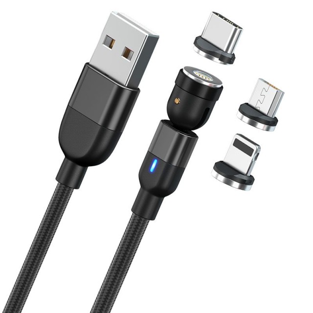 ΜΑΓΝΗΤΙΚΟ ΚΑΛΩΔΙΟ USB 3 ΣΕ 1 (A ΣΕ C, MICRO, LIGHTNING) 1m ΜΑΥΡΟ
