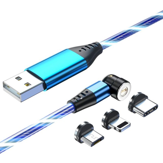 ΜΑΓΝΗΤΙΚΟ ΚΑΛΩΔΙΟ USB ΦΩΤΙΖΟΜΕΝΟ 3 ΣΕ 1 (A ΣΕ C, MICRO, LIGHTNING) 1m ΜΠΛΕ
