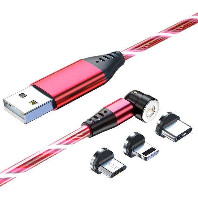 ΜΑΓΝΗΤΙΚΟ ΚΑΛΩΔΙΟ USB ΦΩΤΙΖΟΜΕΝΟ 3 ΣΕ 1 (A ΣΕ C, MICRO, LIGHTNING) 1m ΚΟΚΚΙΝΟ