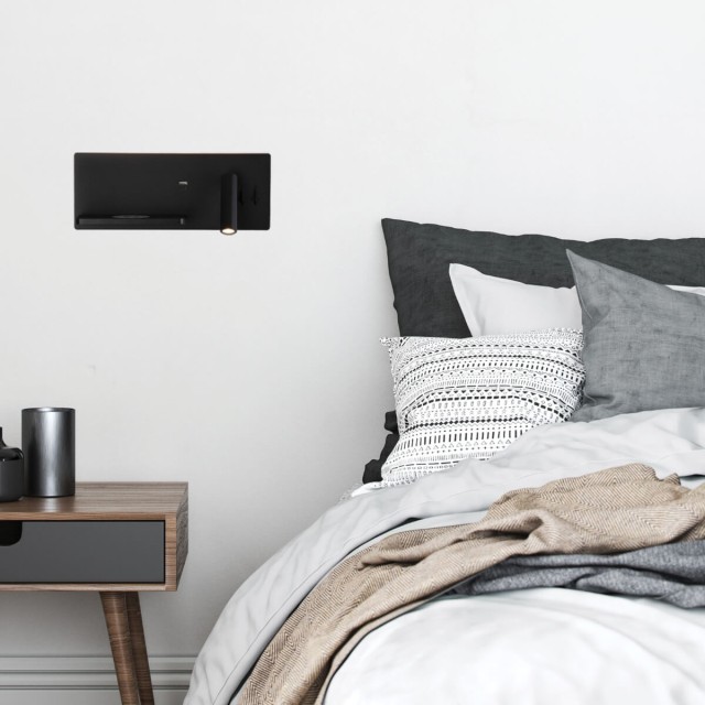 WALL LED READING LIGHT 3W + 6W UP LIGHT 3000K BLACK USB & WIRELESS CHARGERS