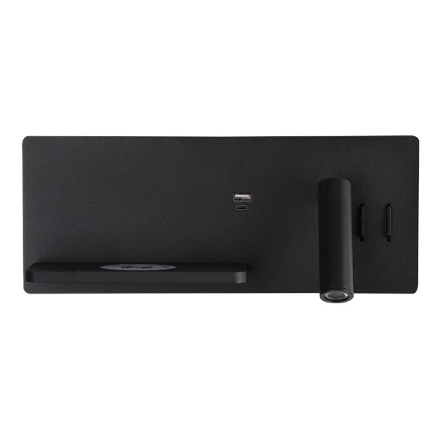 WALL LED READING LIGHT 3W + 6W UP LIGHT 3000K BLACK USB & WIRELESS CHARGERS