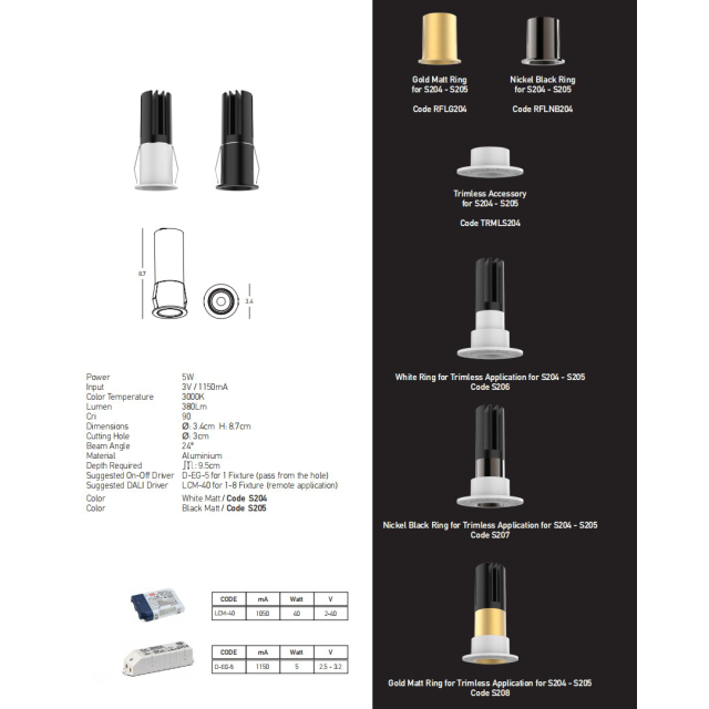 S204 ΧΩΝΕΥΤΟ LED DOWNLIGHT ΣΠΟΤ ΦΩΤΙΣΜΟΥ 5W 3000K ΛΕΥΚΟ ΑΛΟΥΜΙΝΙΟ